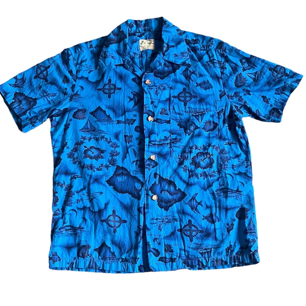 Ui Maikai Vintage Aloha shirt Blue print Hawaiian Islands